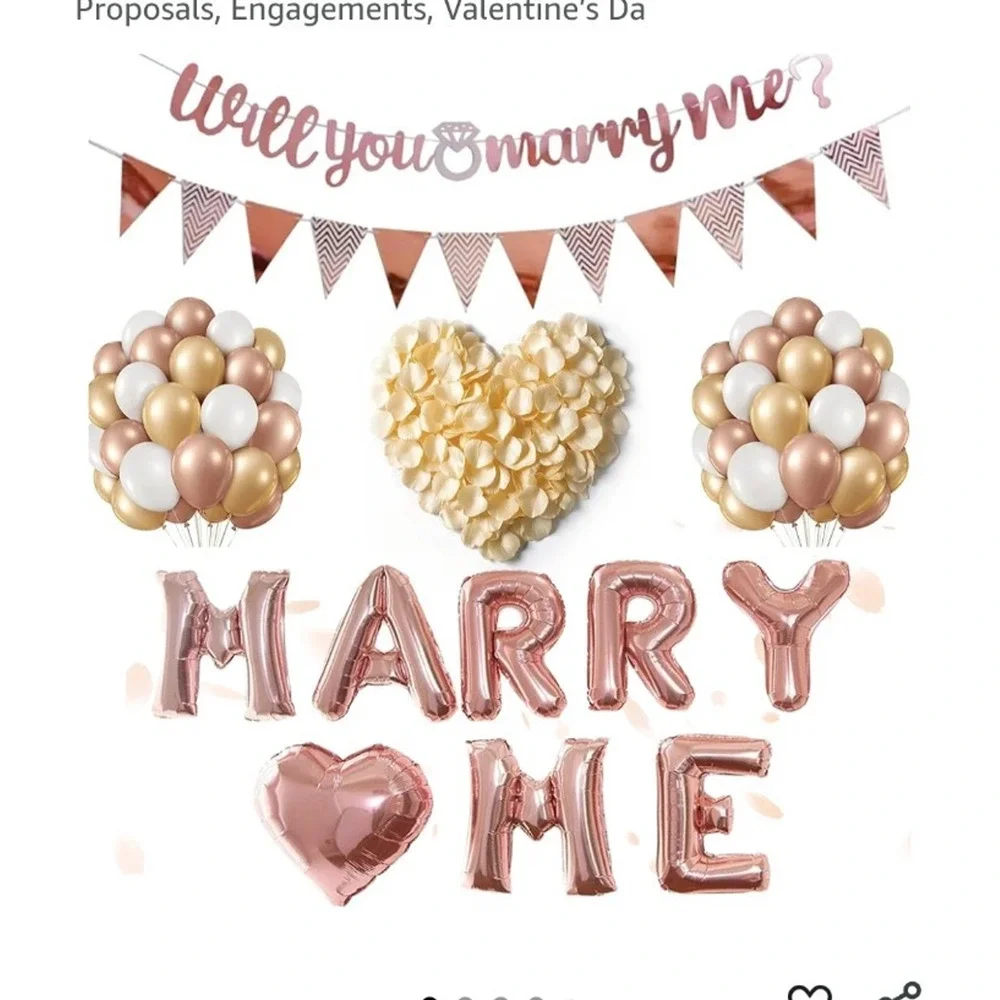 Romantic Proposal Set MARRY ME Balloon Rose Gold Champagne Faux Petals NIP